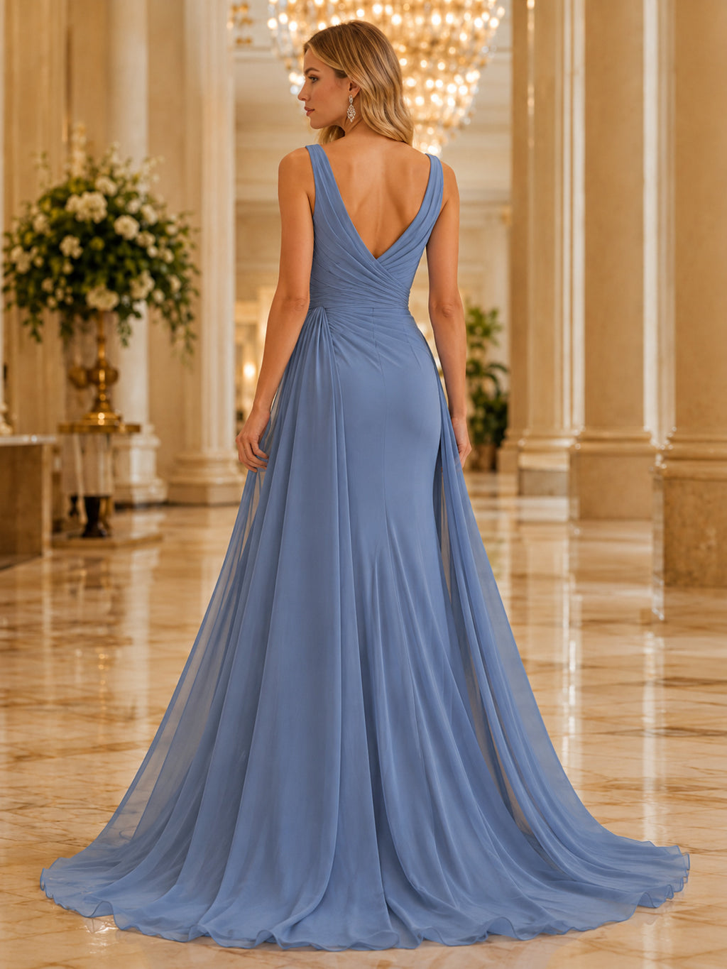 Steel Blue Romantic V-neck Chiffon Slit Evening Gown back view