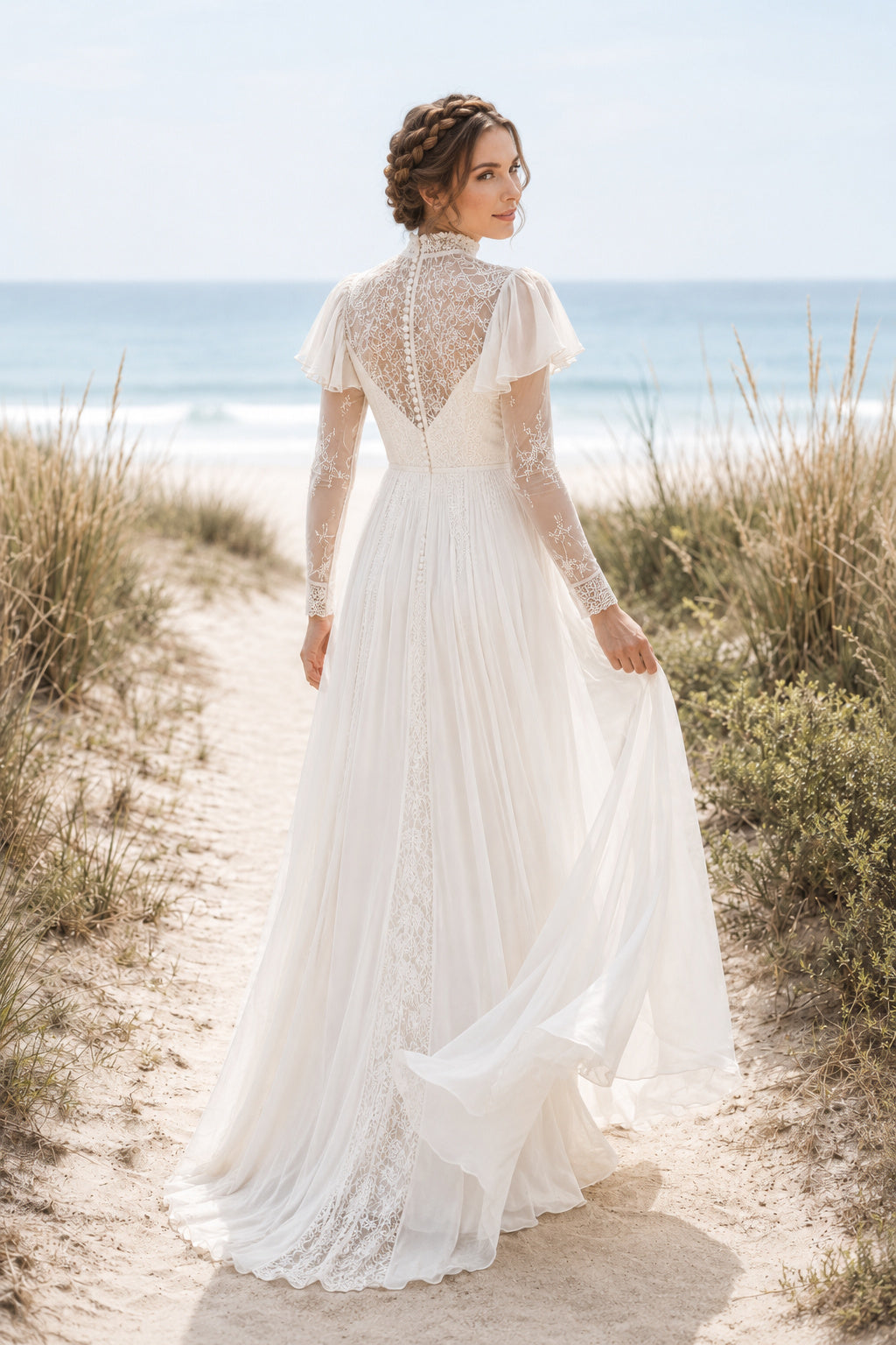 High Neck Long Sleeve A-Line Wedding Dress with Flutter Lace Cape Detail and Split Front back view