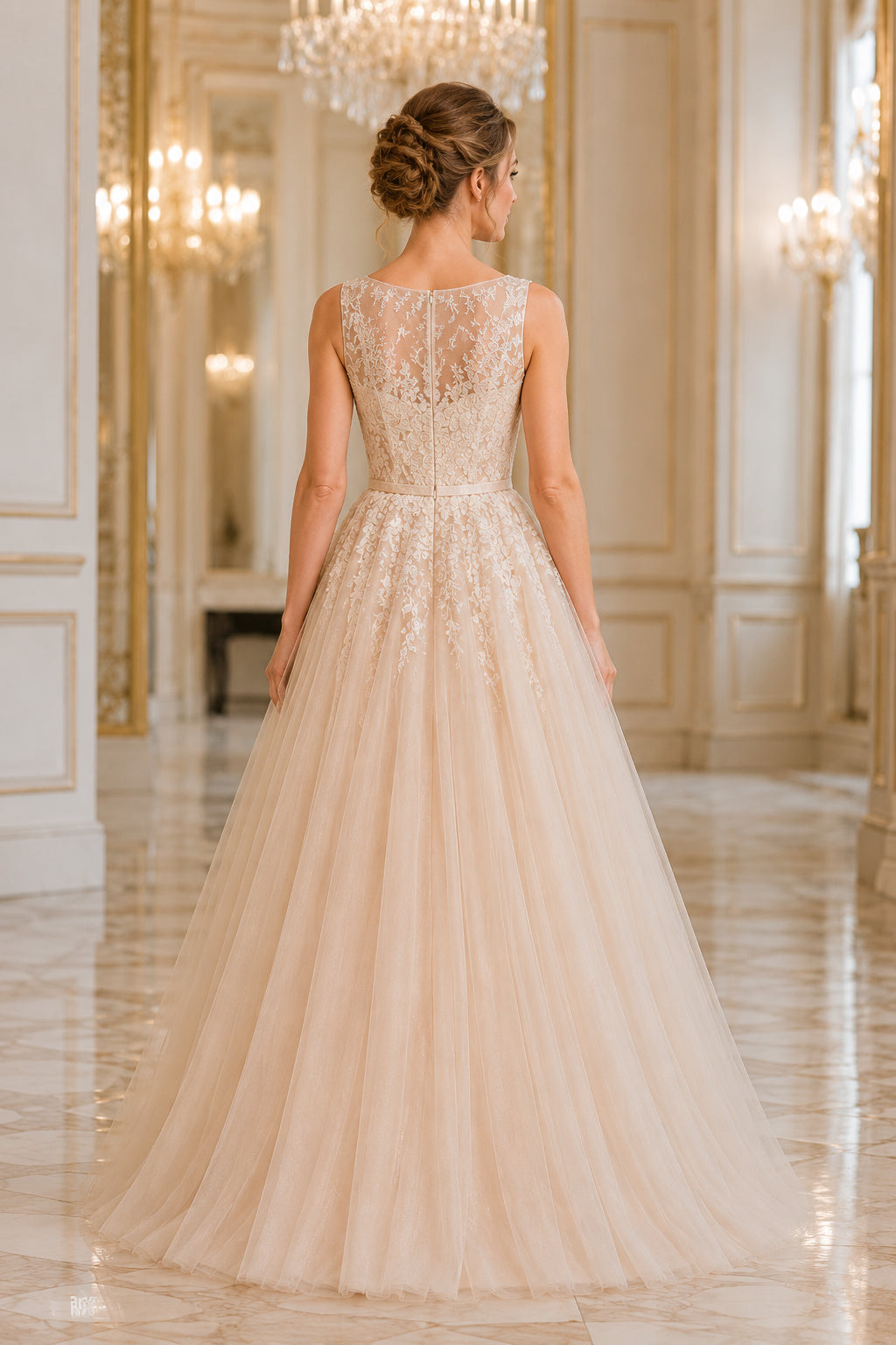 Champagne Illusion Lace Bodice with Full Tulle Skirt Floor Length A-Line Wedding Dress back view