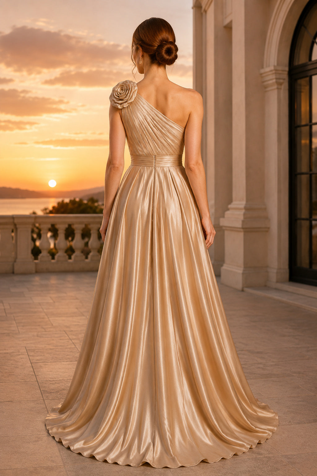 Champagne One-Shoulder Satin A-Line Formal Dress back view