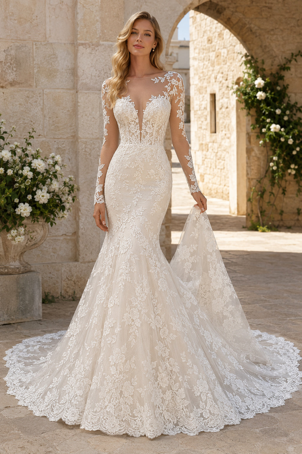 Long Sleeve Lace Mermaid Wedding Dress with Chapel Train Style 720606 front view