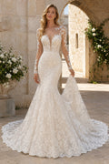 Long Sleeve Lace Mermaid Wedding Dress with Chapel Train Style 720606 front view