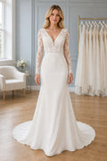 White Off-the-shoulder Long Sleeves A-Line Chiffon Floor-length Wedding Dress With Sweep Train and Open Back