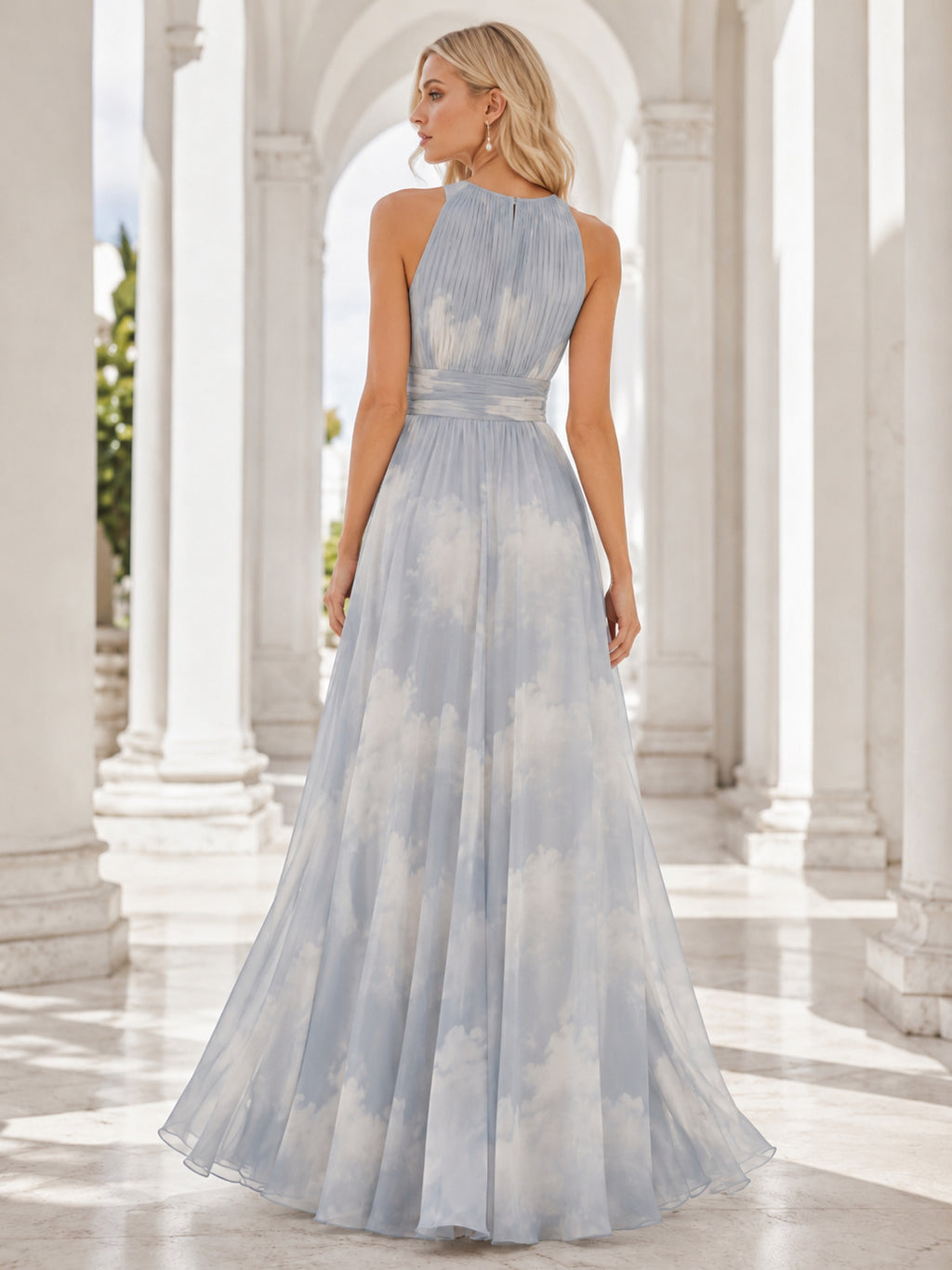 Grey Cloud Print Halter Chiffon Evening Maxi Dress back view