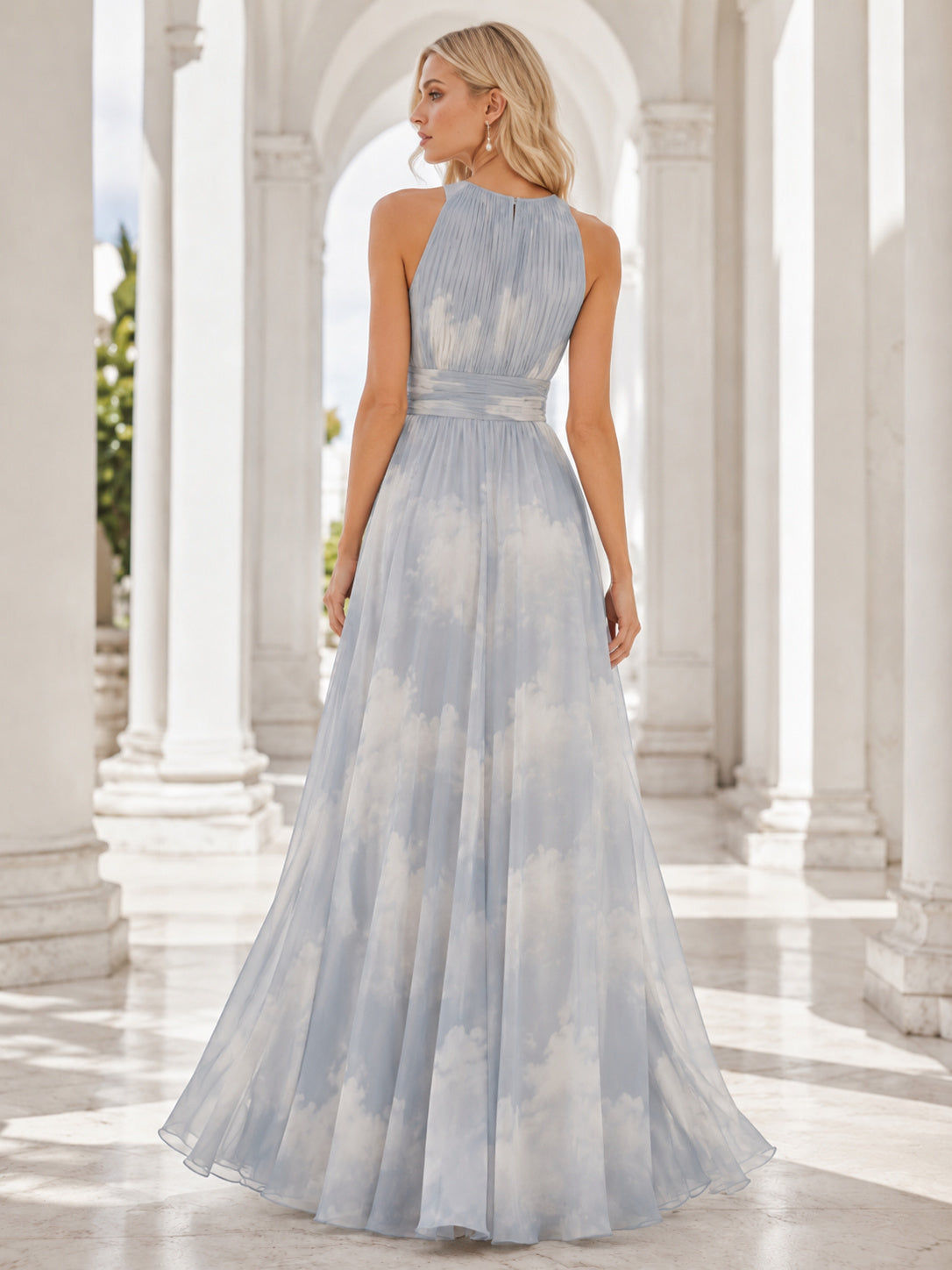 Grey Cloud Print Halter Chiffon Evening Maxi Dress back view