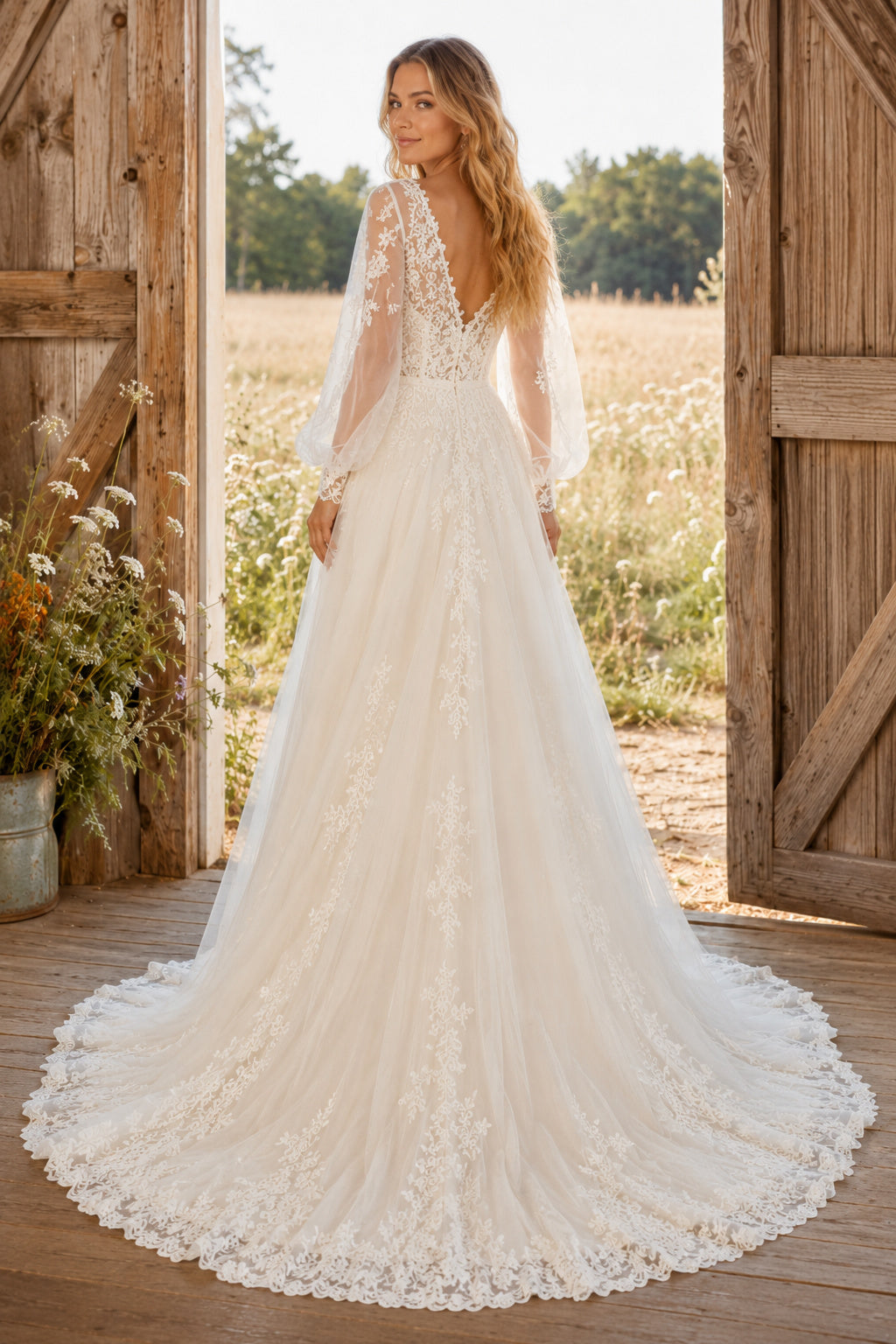 Long Sleeve V-Neck A-Line Wedding Dress with Lace Appliques and Chapel Train for Rustic Garden Ceremony back view