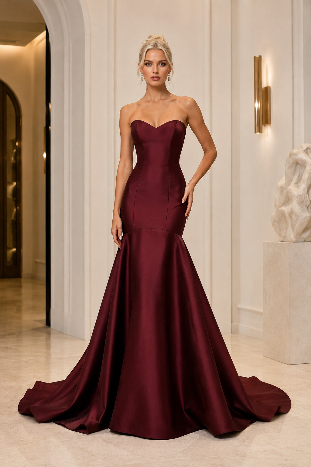 Burgundy Strapless Burgundy Satin Mermaid Gown with Dramatic Sweep Train Floor Length And Sweep/Brush Train Mermaid Trumpet P