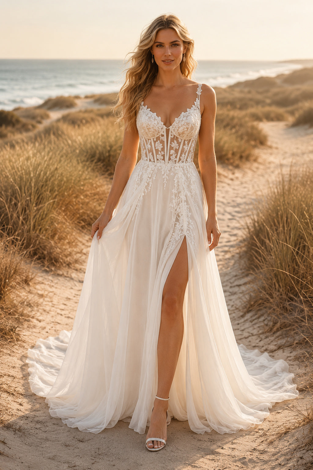 Ivory Sexy Spaghetti Neck A-Line Soft Tulle Wedding Dress with Spaghetti Straps and Sweep Train Style MG_701392 front view