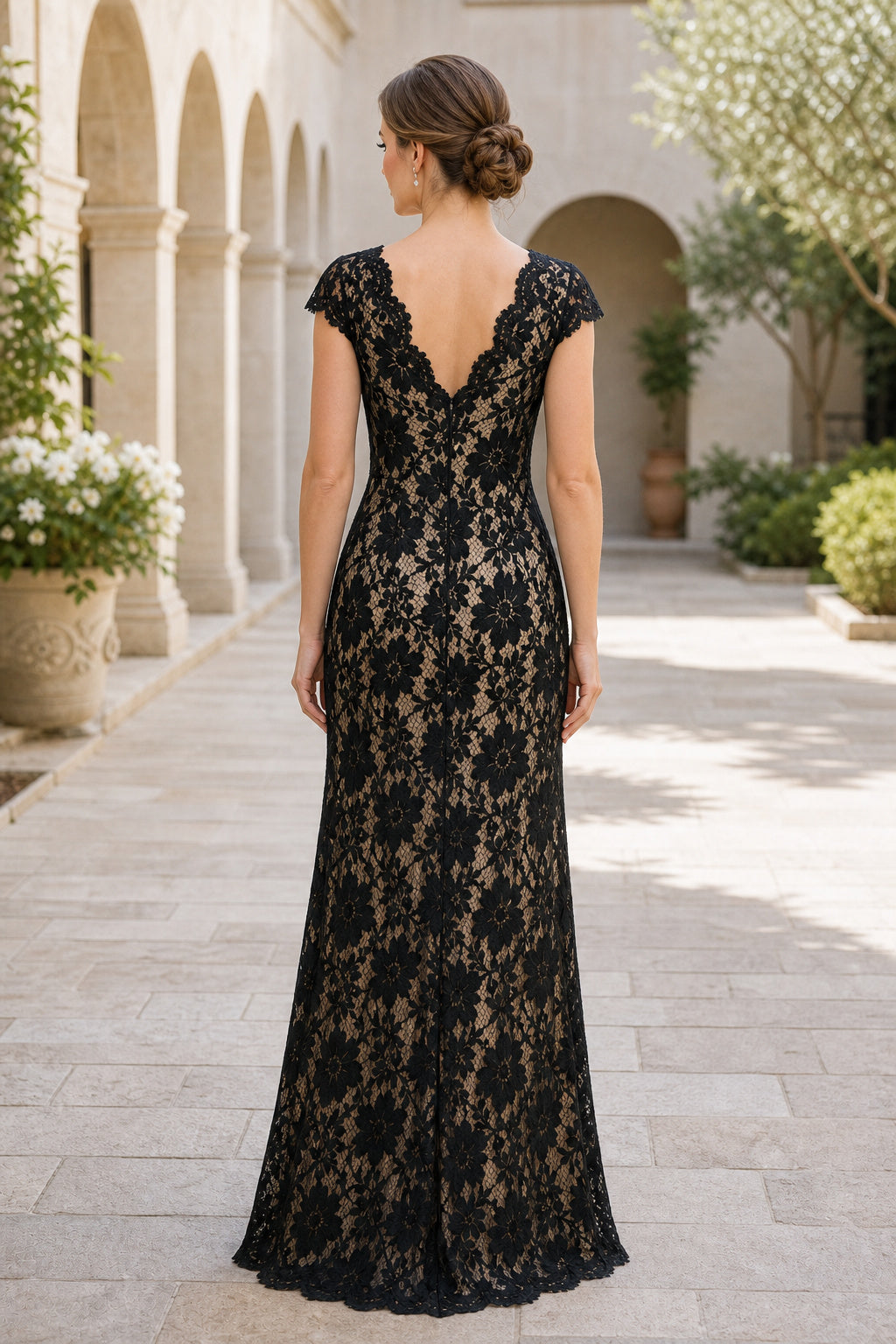 Black V-neck Cap Sleeve Mermaid Lace Floor-Length Dress With V-back