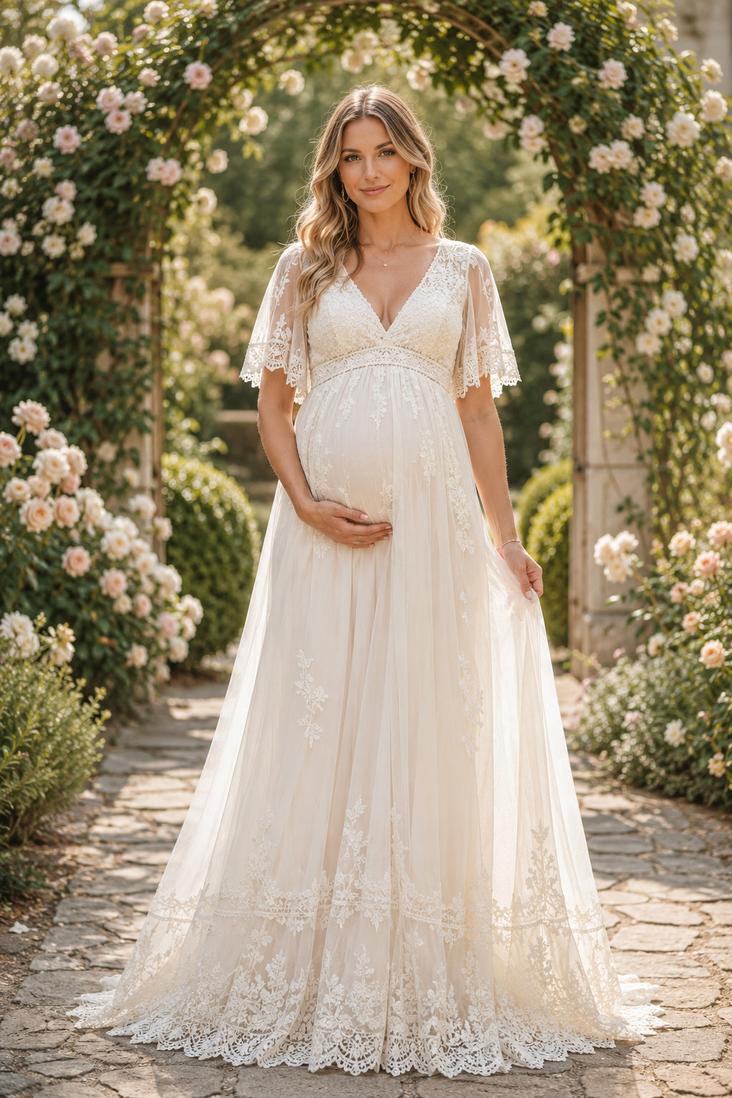 Ivory Cap Sleeve Lace Maternity Wedding Dress with V-Neck and Lace Hem front view