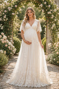 Ivory Cap Sleeve Lace Maternity Wedding Dress with V-Neck and Lace Hem front view