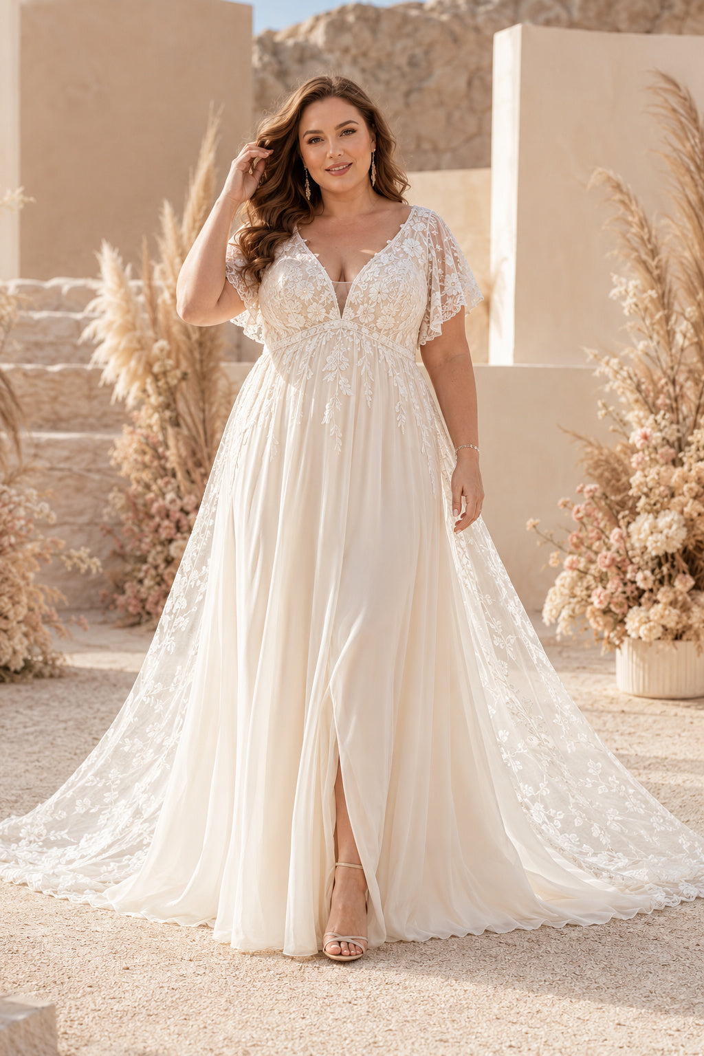 Plus Size Ivory V-Neck Lace A-Line Wedding Dress with Flutter Sleeves and Split front view