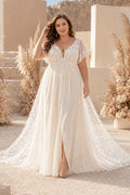 Plus Size Ivory V-Neck Lace A-Line Wedding Dress with Flutter Sleeves and Split front view