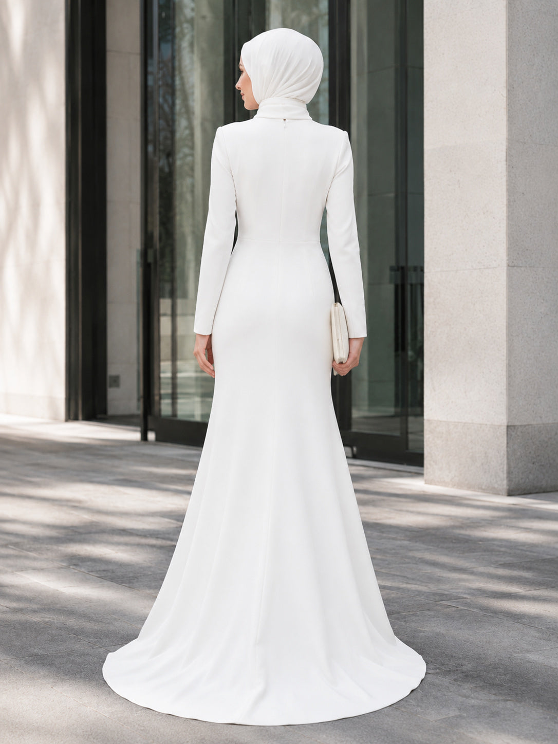 Courthouse Muslim Minimalist High Neck Sheath Sweep Wedding Dress back view