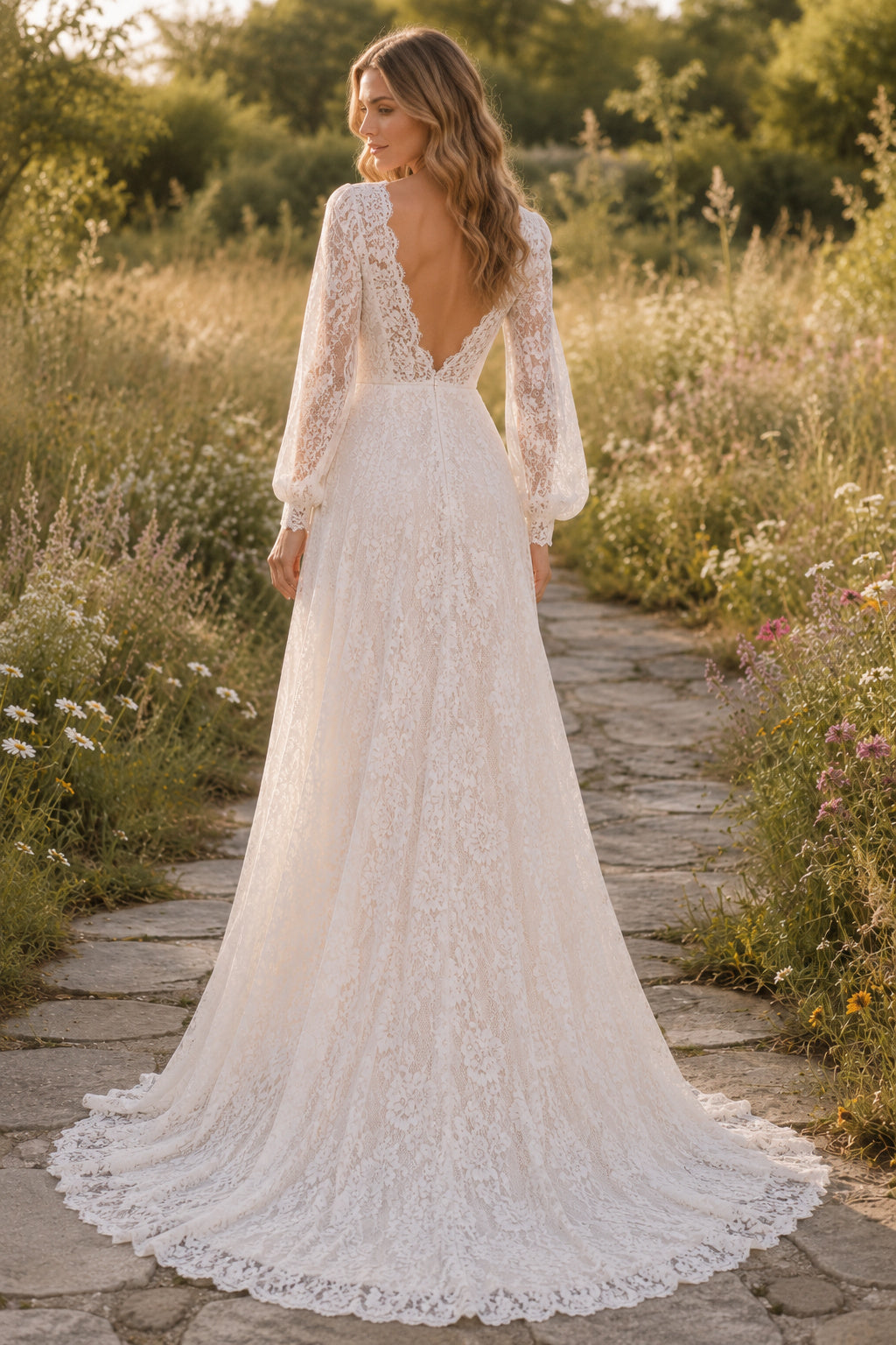 Ivory V-Neck Long Sleeve Allover Lace A-Line Wedding Dress with Deep V Back and Train back view