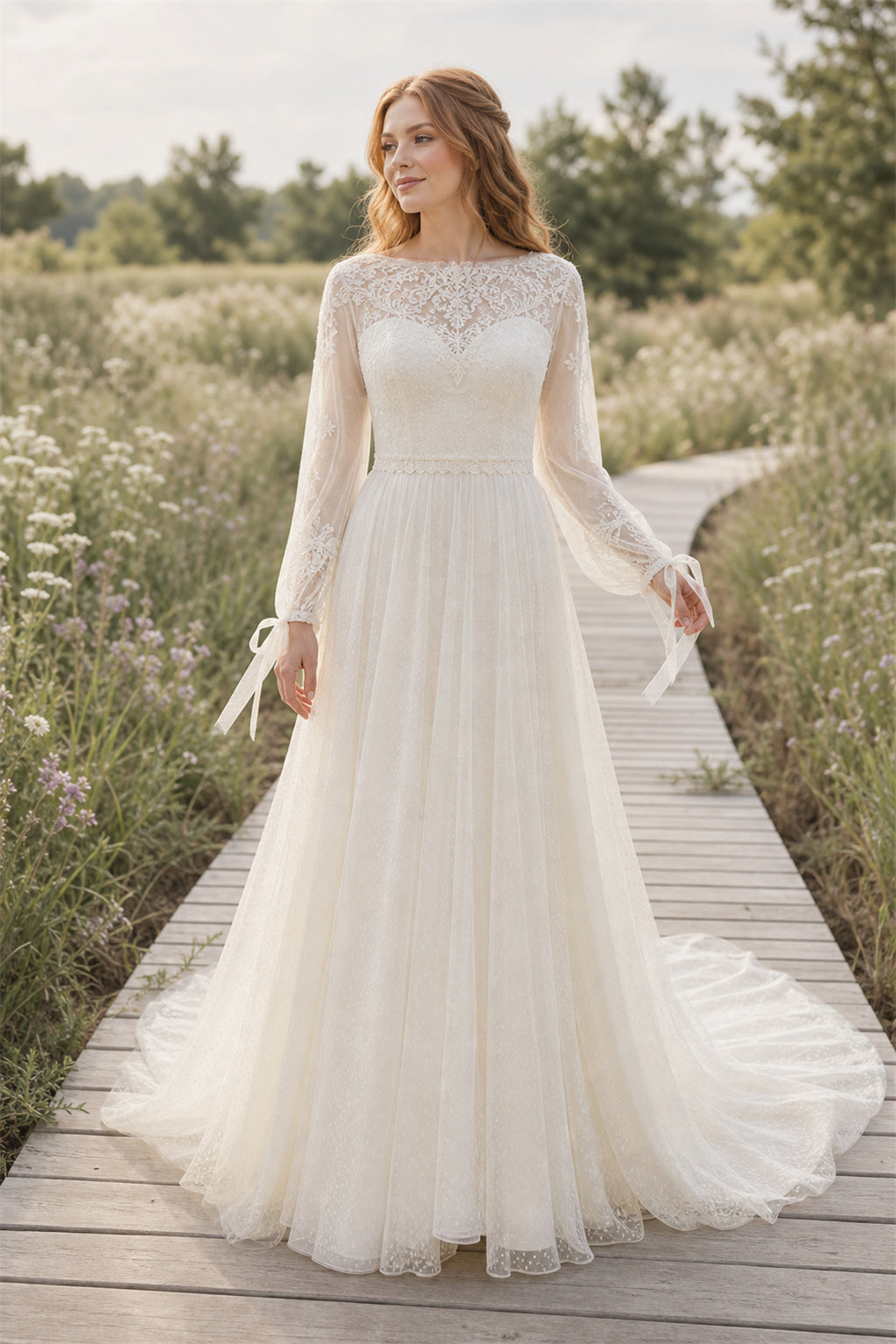 White Halter A-Line Chiffon Floor-length Wedding Dress With Beaded Bodice and Pleated Skirt and Open Back