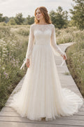 White Halter A-Line Chiffon Floor-length Wedding Dress With Beaded Bodice and Pleated Skirt and Open Back