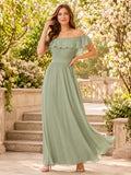 Sage Spring Garden Wedding Guest Dress A-Line Chiffon Off Shoulder Sleeveless Floor-Length Ruffle front view