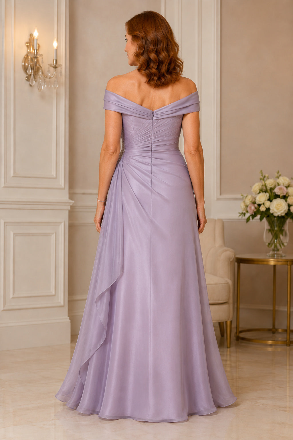 Lavender Off-the-Shoulder A-Line Mother Dress with Wrap Bodice and Ruffle Drape back view