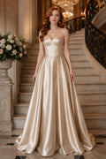 Champagne Strapless Satin A-Line Ball Gown with Sweetheart Bodice front view