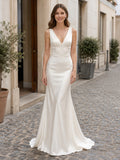 V Neck Strap Satin Sheath Minimalist Civil Bridal Gown front view