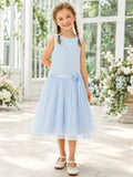Sky Blue Dropped Waist A-Line Pleated Tulle Flower Girl Dress, Sleeveless Jewel Neck, Tea-Length Garden Ceremony front view