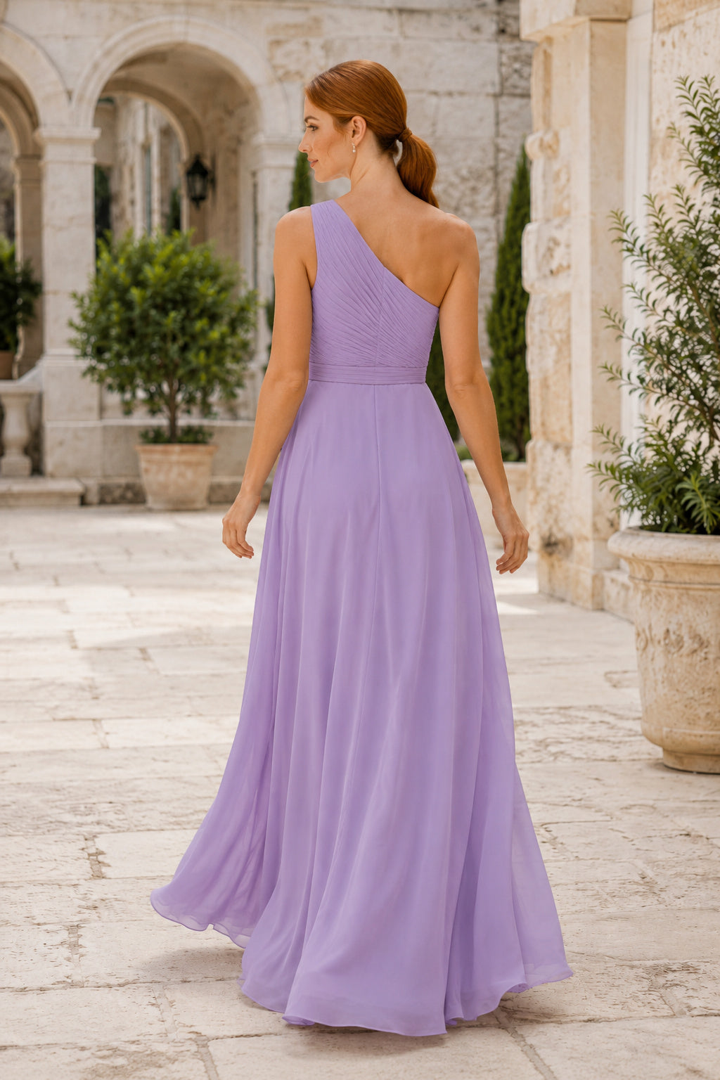 Lavender One-Shoulder Chiffon A-Line Bridesmaid Dress with Pleated Bodice for Garden Reception back view
