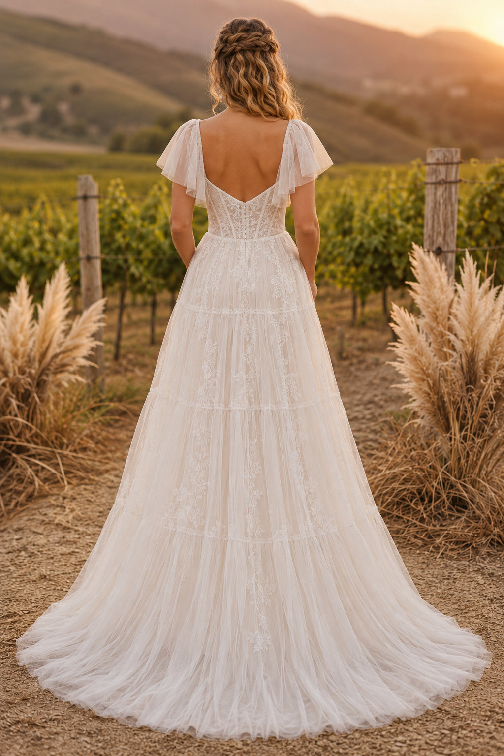 V-Neck Puff Sleeve Tiered A-Line Wedding Dress with Lace Bodice and Tulle Train for Rustic Garden Ceremony back view