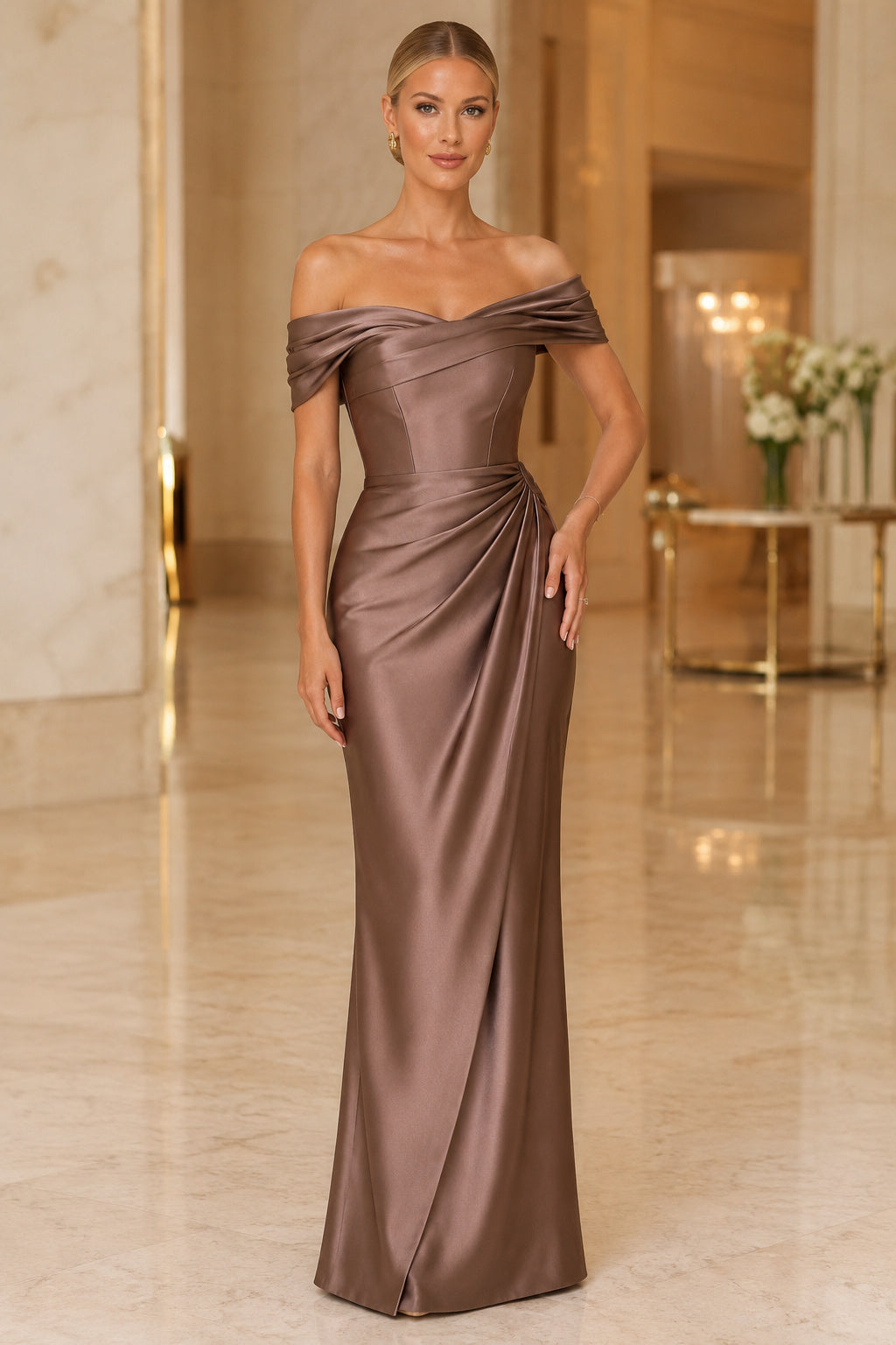 Brown Off-the-Shoulder Satin Sheath Mother Dress with Side Drape front view