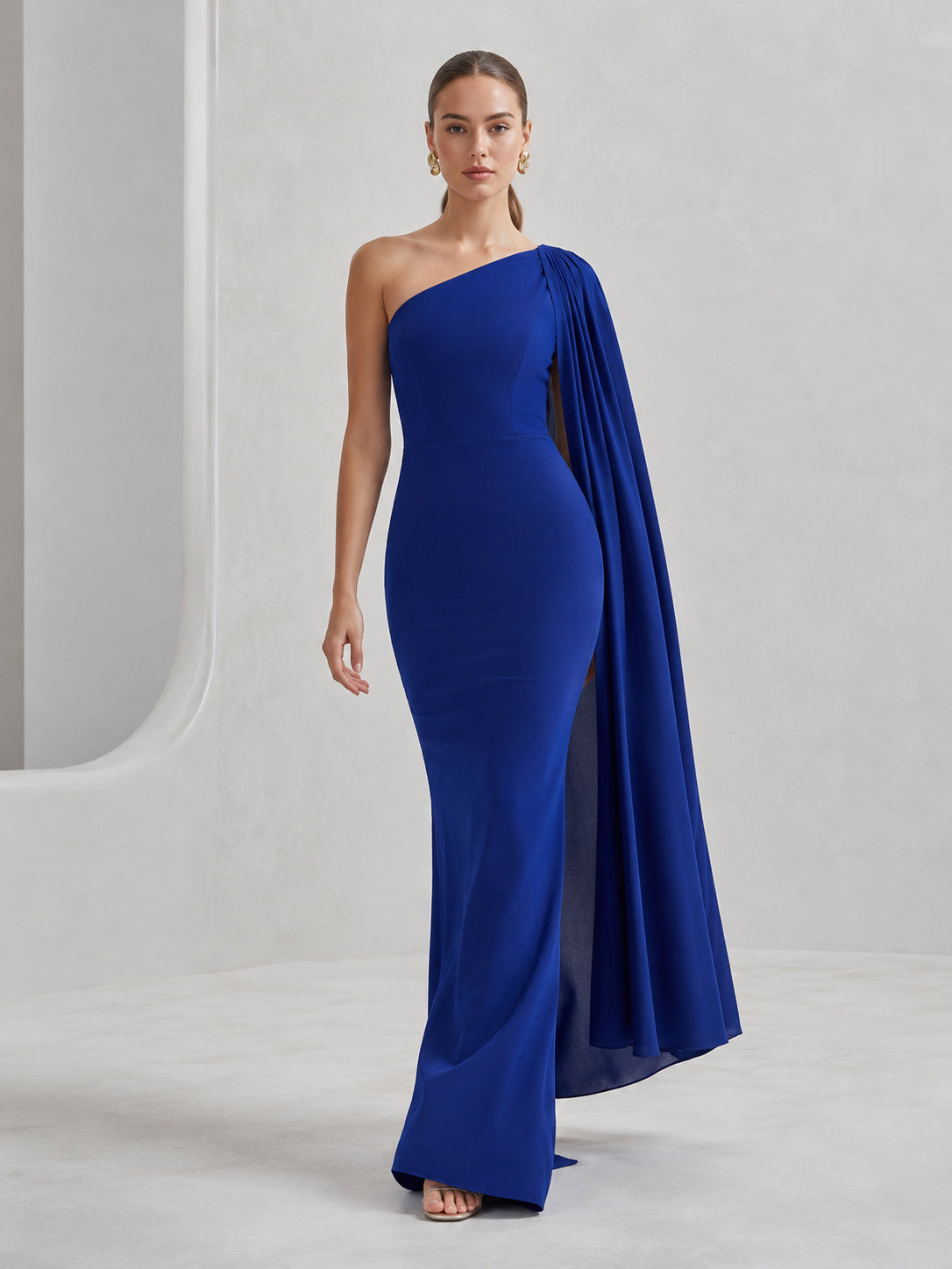 Royal blue one shoulder cape drape floor length gown front view