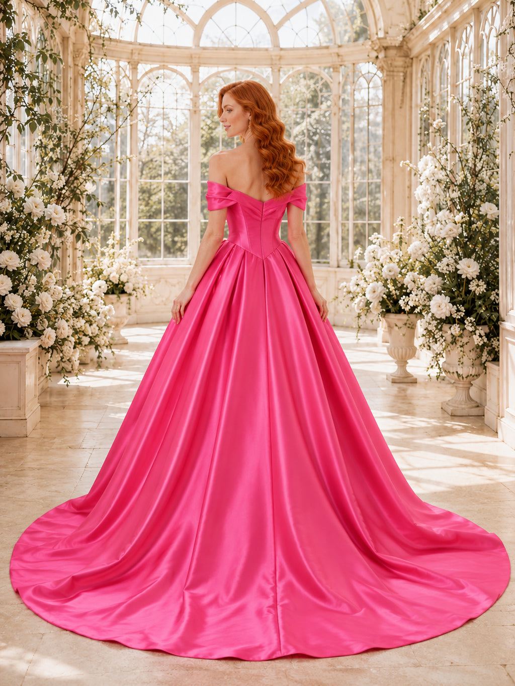 Fuchsia Off Shoulder Draped Satin A Line Court Train Wedding Dress back view