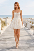 Ivory Square Neck Spaghetti Strap Tulle Mini Wedding Dress with Tiered Skirt for Beach Reception front view