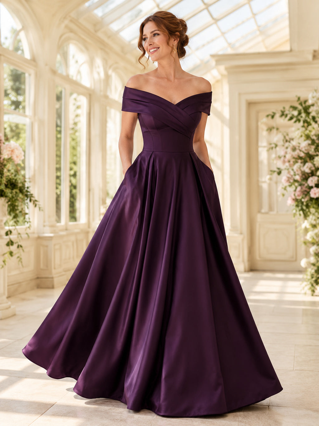 Plum Off-Shoulder Satin Ball Gown Floor-Length Black-Tie Guest Dress front view