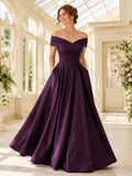 Plum Off-Shoulder Satin Ball Gown Floor-Length Black-Tie Guest Dress front view