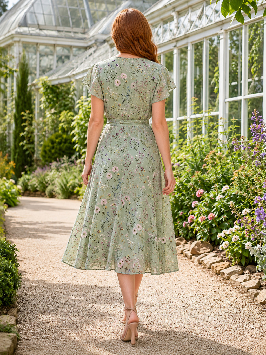 Sage floral V-neck flutter sleeve botanical midi dress back view