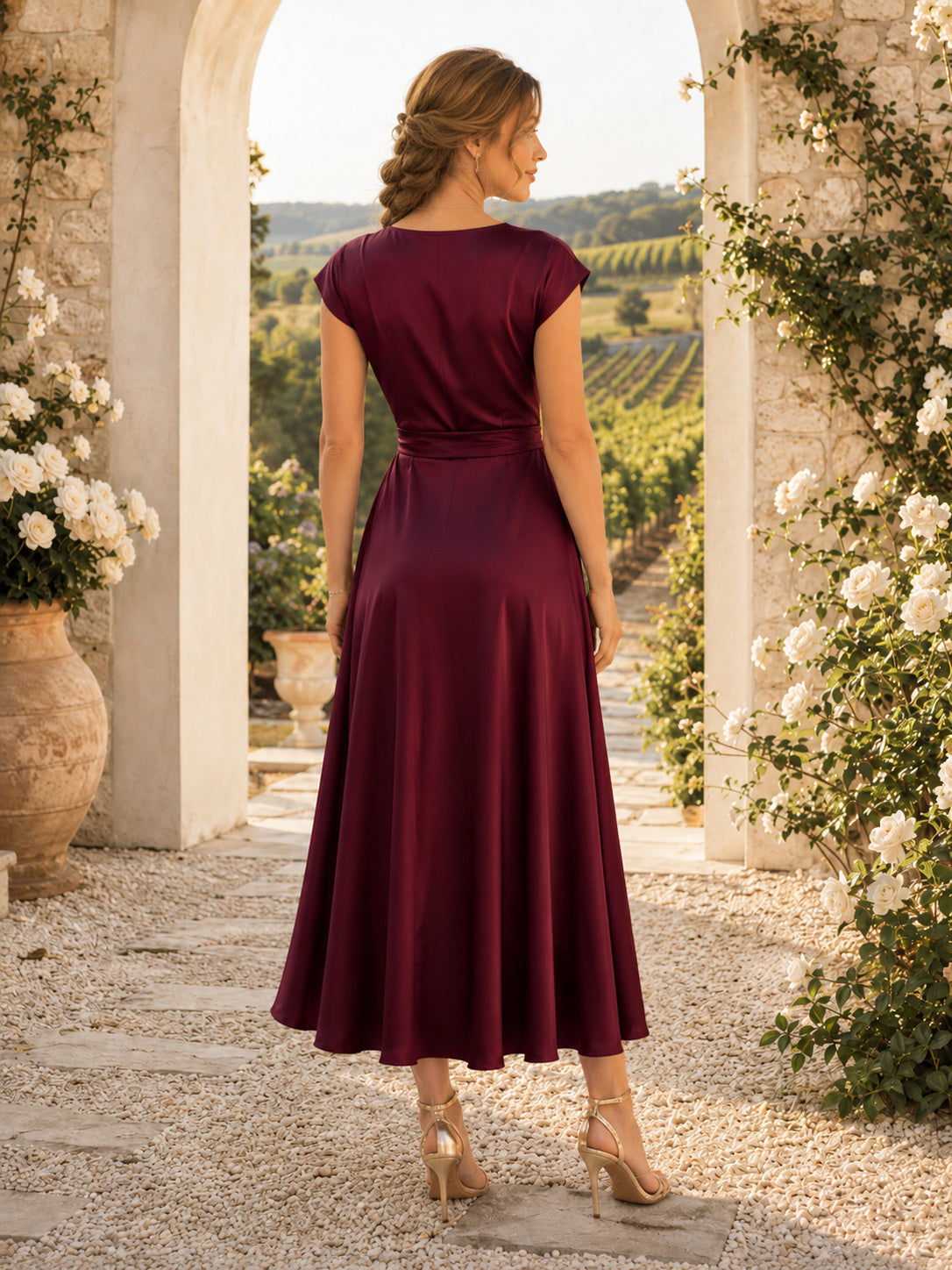 Burgundy V Neck Cap Sleeve Satin Wrap Midi Guest Dress back view