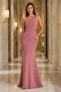 Dusty Rose One-Shoulder Mermaid Formal Dress with Smooth Floor-Length Skirt front view