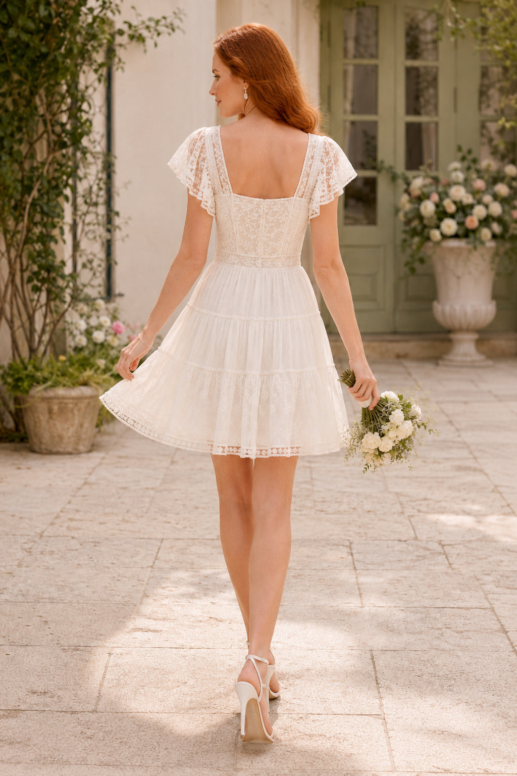 Ivory Square Neck Chiffon Mini Wedding Dress with Flutter Sleeves and Tiered Skirt back view
