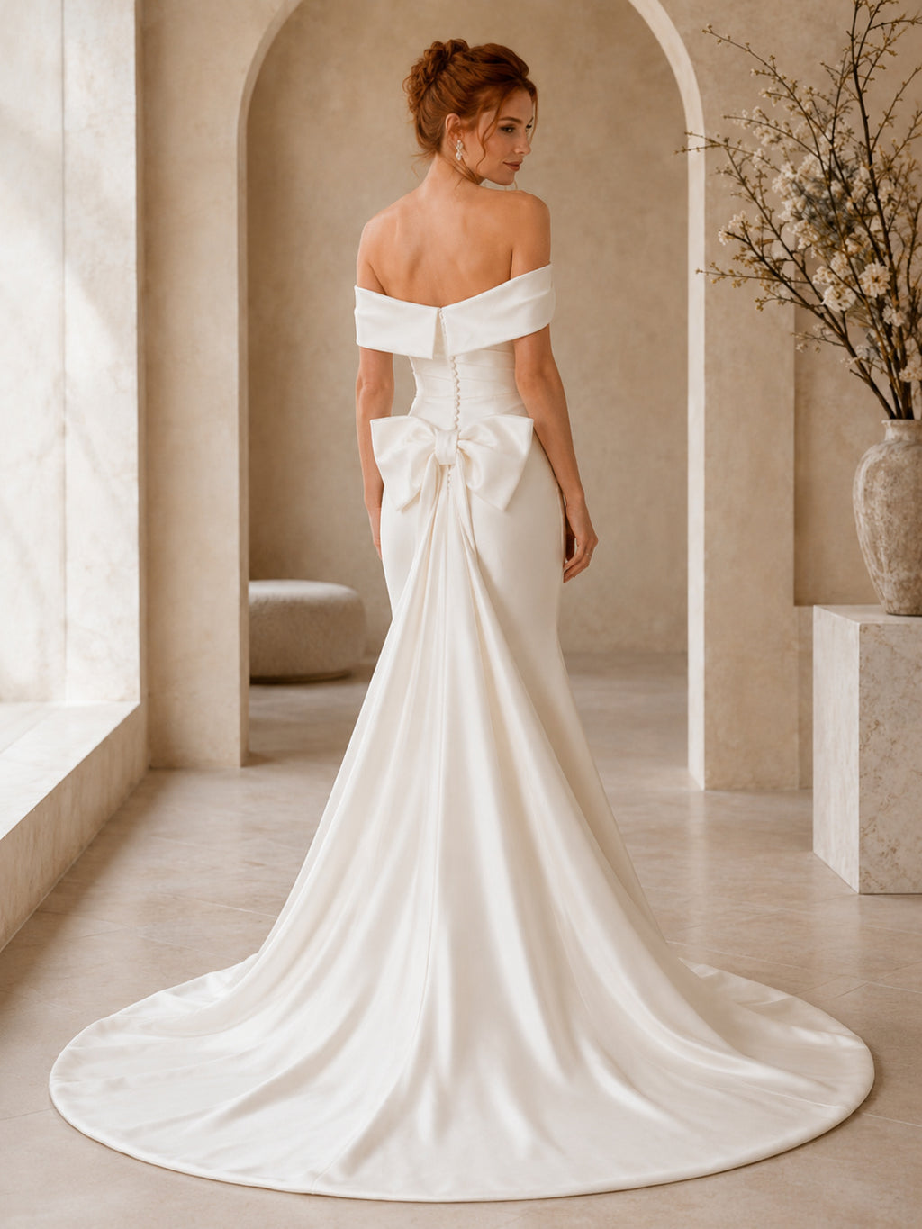 Minimalist Satin Wedding Dress Mermaid Off Shoulder Court Train Bridal Gown back view