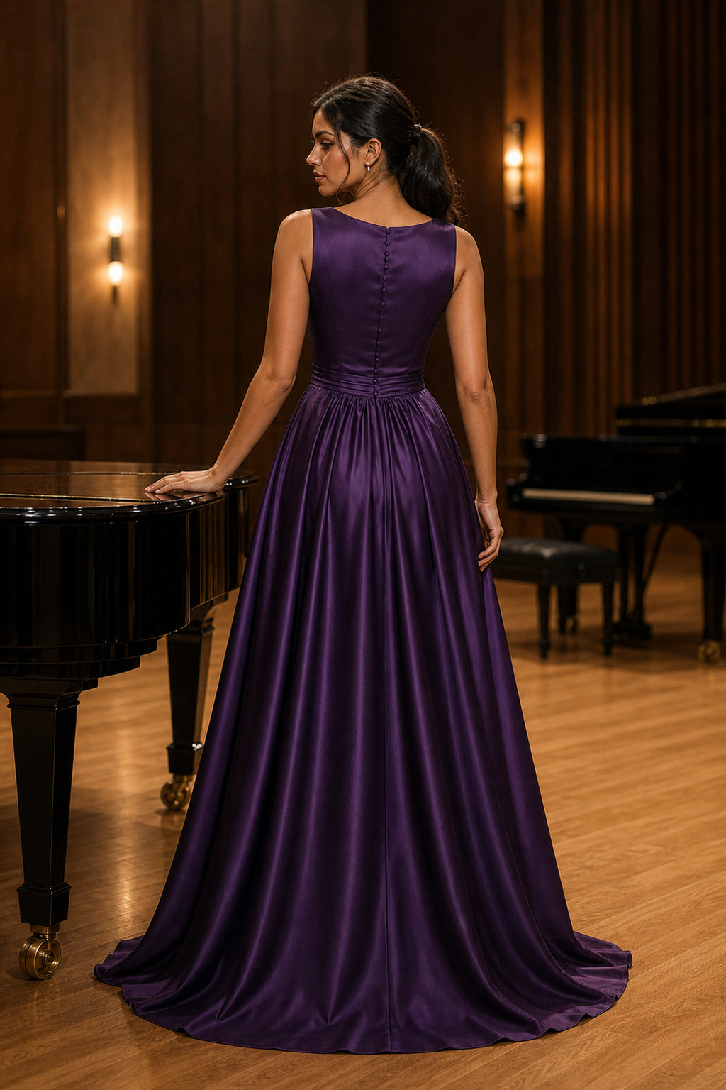 Purple Bateau Sleeveless A-Line Satin Floor-Length Dress With Pleated Bodice