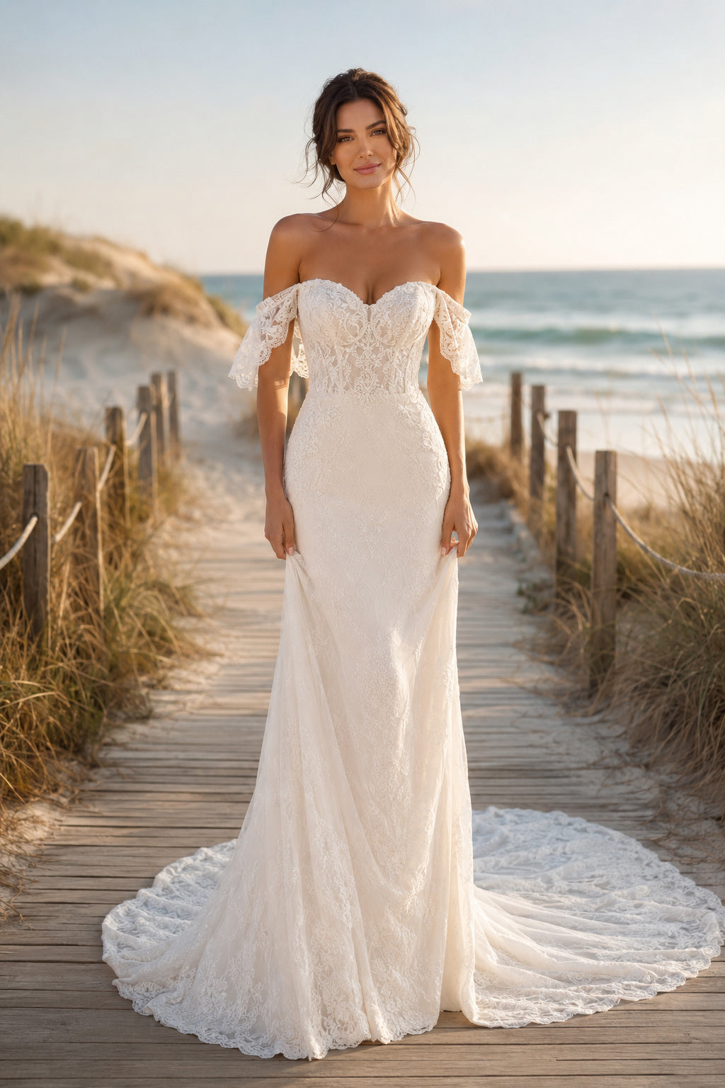Ivory Off-the-Shoulder Stretch Satin Mermaid Wedding Dress with Long Sleeves front view