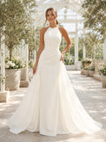 Beach Satin Chiffon Wedding Dress A-Line Halter Sleeveless Sweep Train Bridal Gown Style 721794 front view