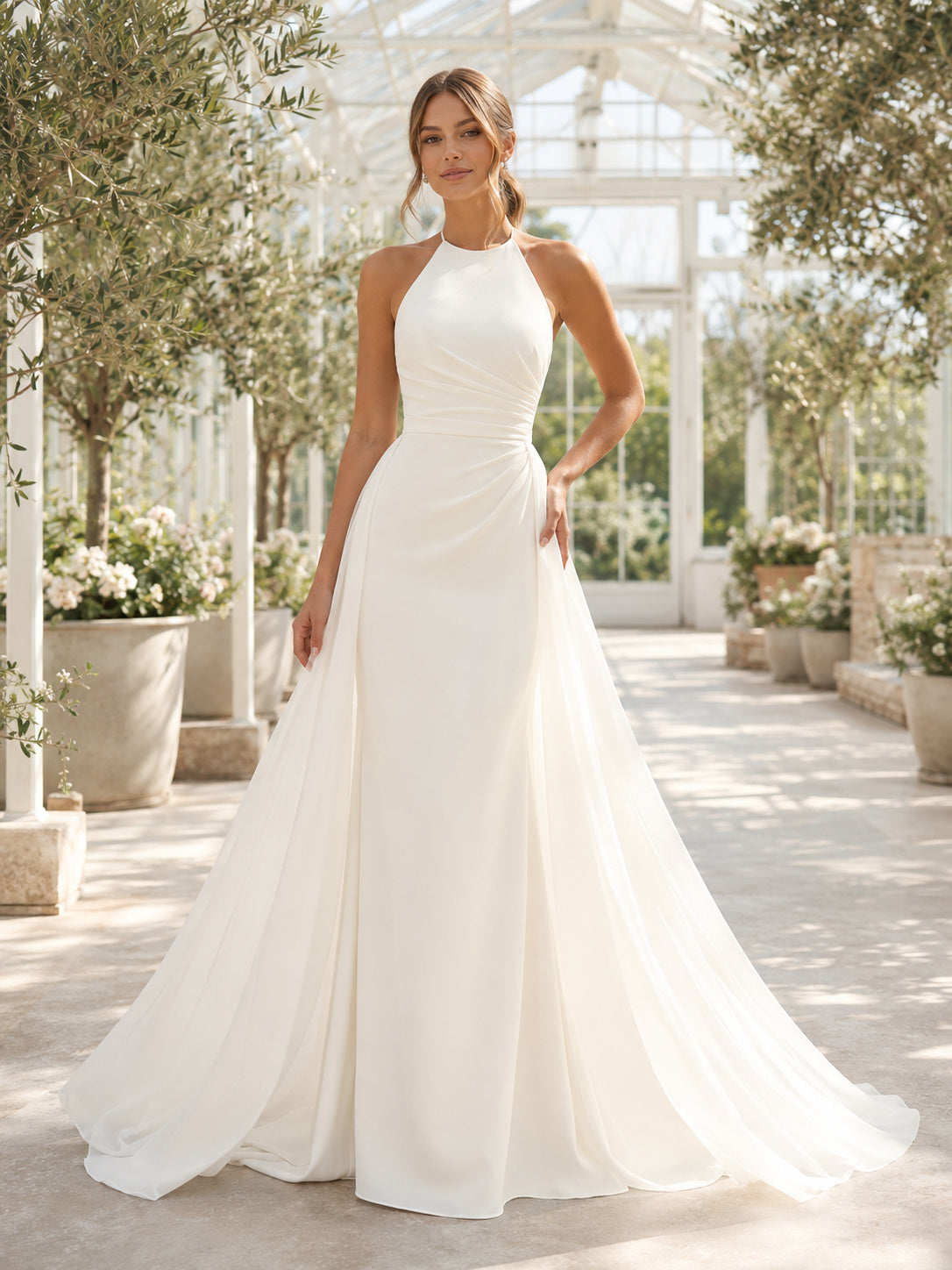 Beach Satin Chiffon Wedding Dress A-Line Halter Sleeveless Sweep Train Bridal Gown Style 721794 front view