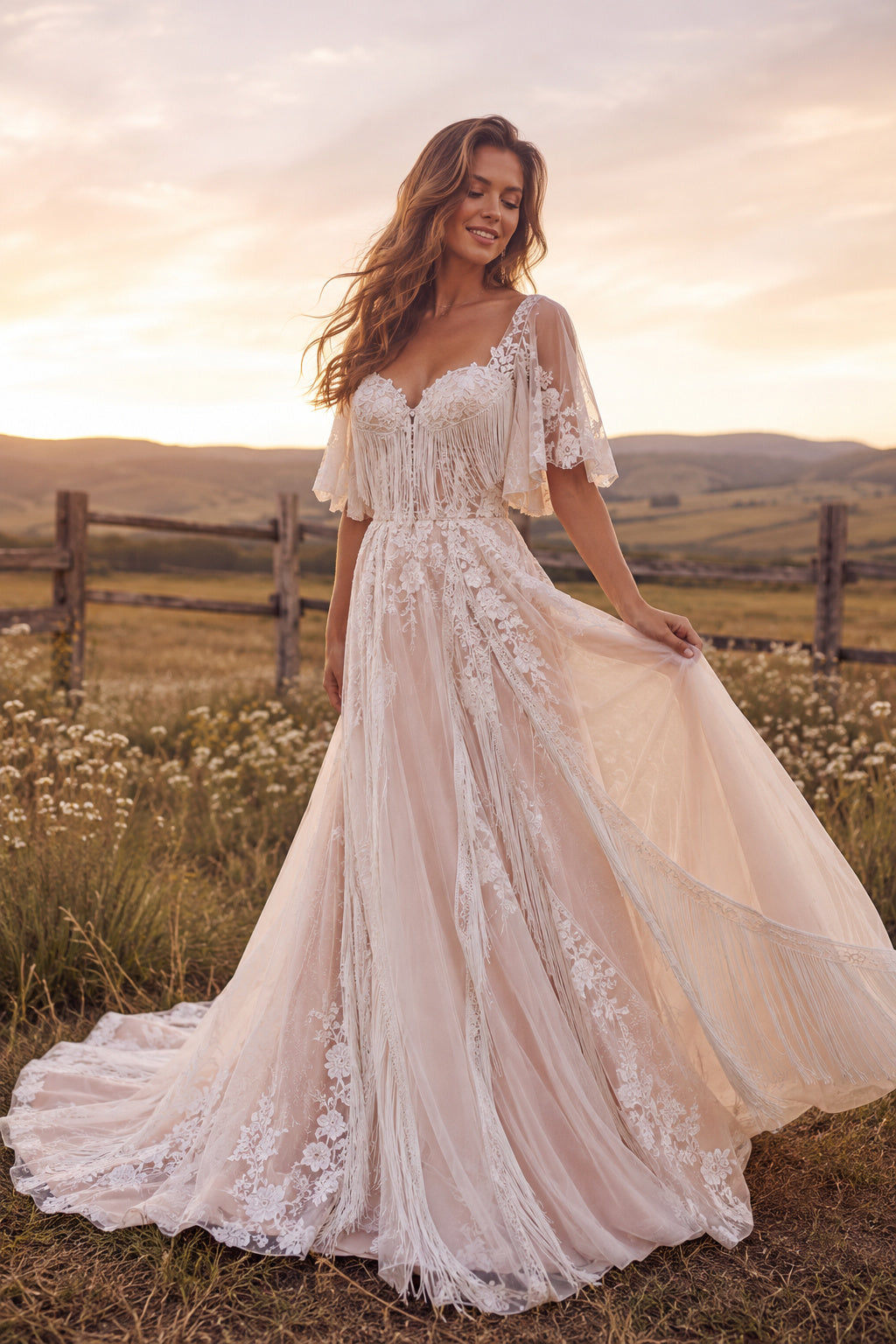 Ivory V-Neck Flutter Sleeve Lace A-Line Wedding Dress with Applique Skirt and Train front view