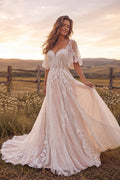 Ivory V-Neck Flutter Sleeve Lace A-Line Wedding Dress with Applique Skirt and Train front view