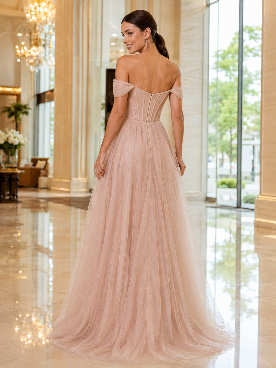Blush Off-the-shoulder Corset Tulle A-Line Gown back view