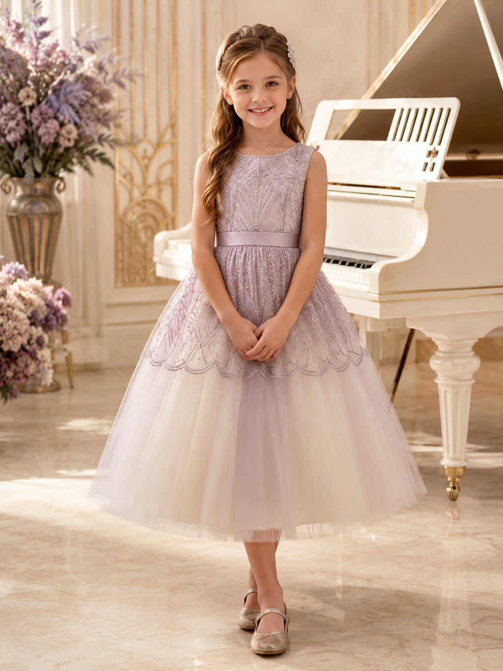 Lavender Flower Girl Dress Tea-Length Beaded Tulle Ball Gown Sleeveless Bateau Neck Scalloped Art Deco Overlay front view