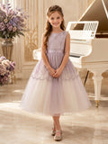 Lavender Flower Girl Dress Tea-Length Beaded Tulle Ball Gown Sleeveless Bateau Neck Scalloped Art Deco Overlay front view