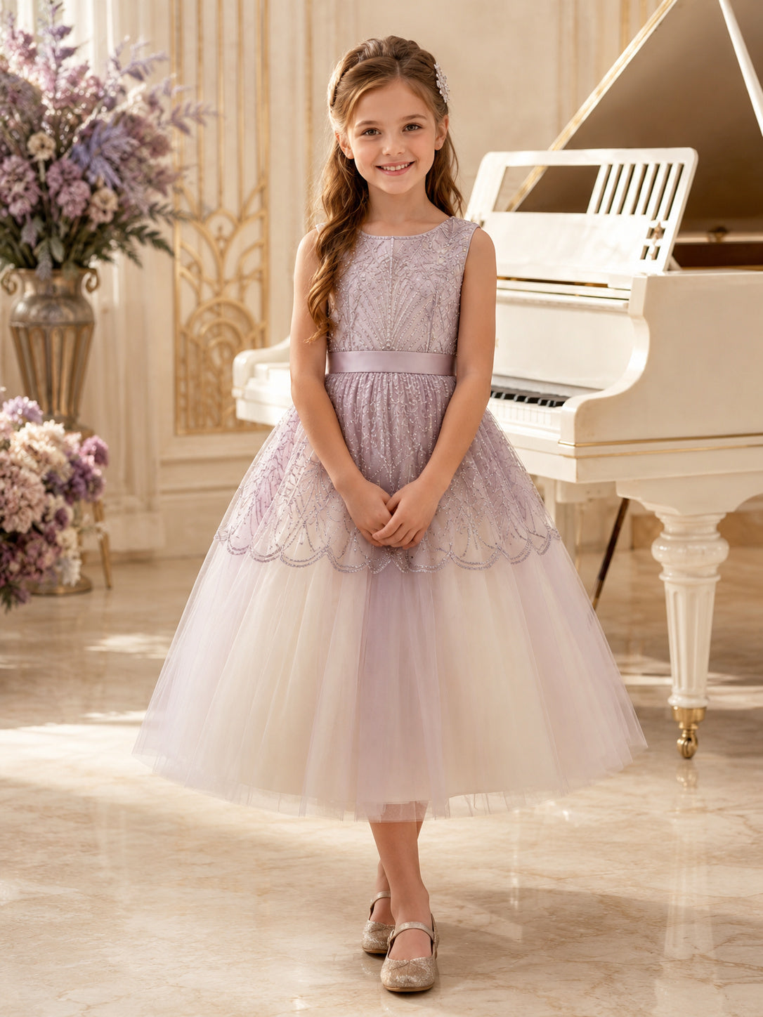 Lavender Flower Girl Dress Tea-Length Beaded Tulle Ball Gown Sleeveless Bateau Neck Scalloped Art Deco Overlay front view