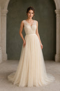 Ivory V-neck Sleeveless A-Line Tulle Floor-Length Wedding Dress With Lace Bodice